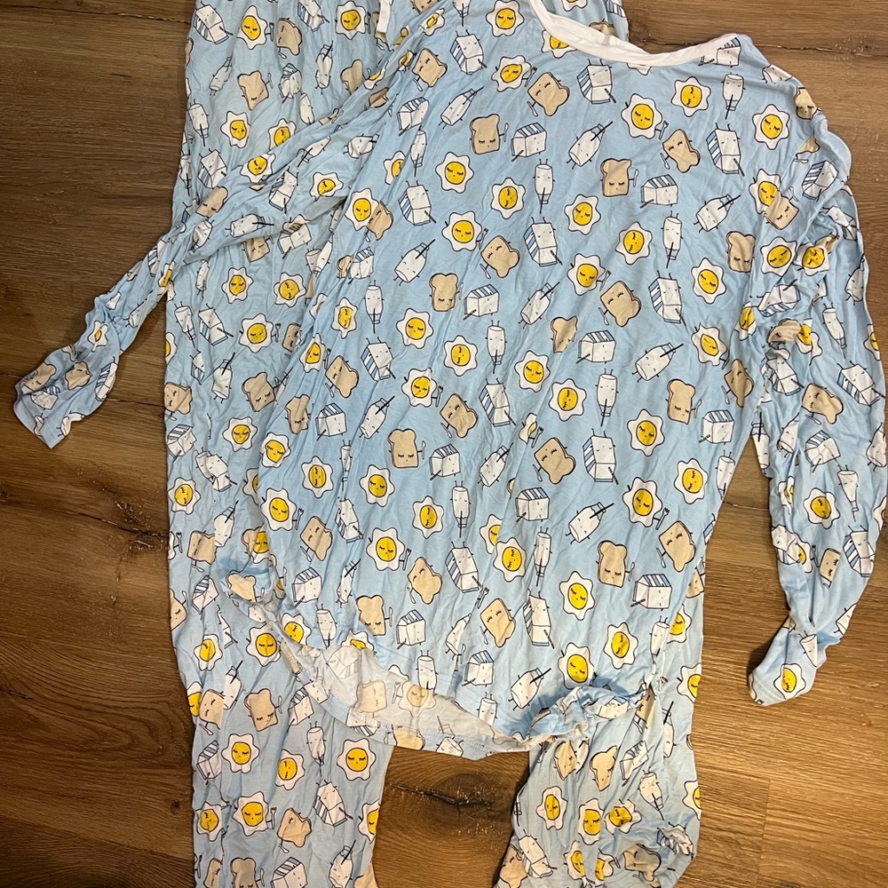 Little Sleepies Sz XL Blue Pajama Set Egg and Toast Print